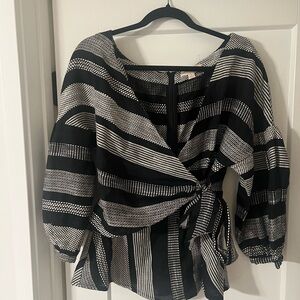 Honey Punch Monochrome Striped Wrap Blouse